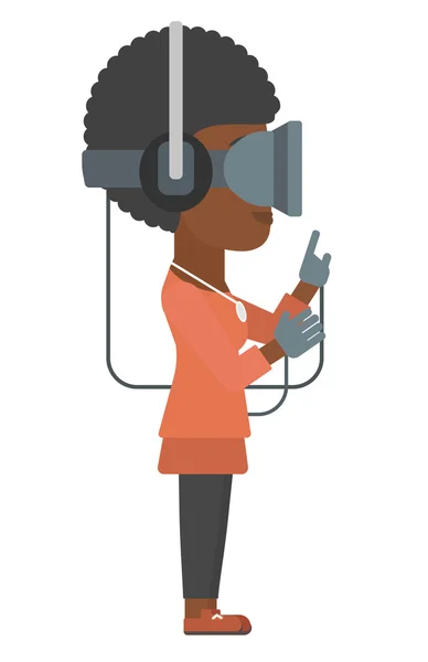 Mulher vestindo fone de ouvido realidade virtual . — Vetor de Stock