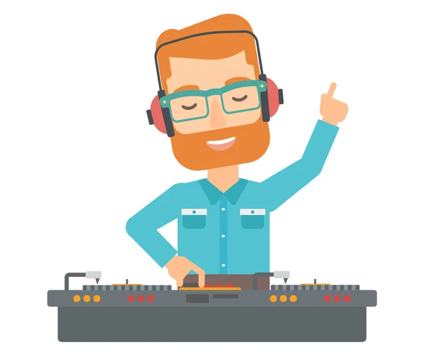 Lachende Dj met console. — Stockvector