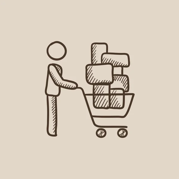 Man duwen shopping cart schets pictogram. — Stockvector