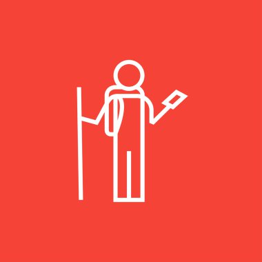 Telefon hattı simgesi ile backpacker turist.