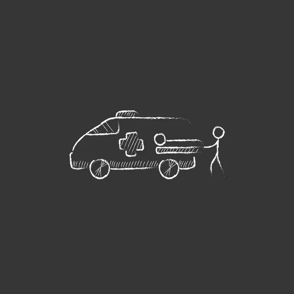 Homem com paciente e carro de ambulância. Desenhado no ícone de giz . — Vetor de Stock