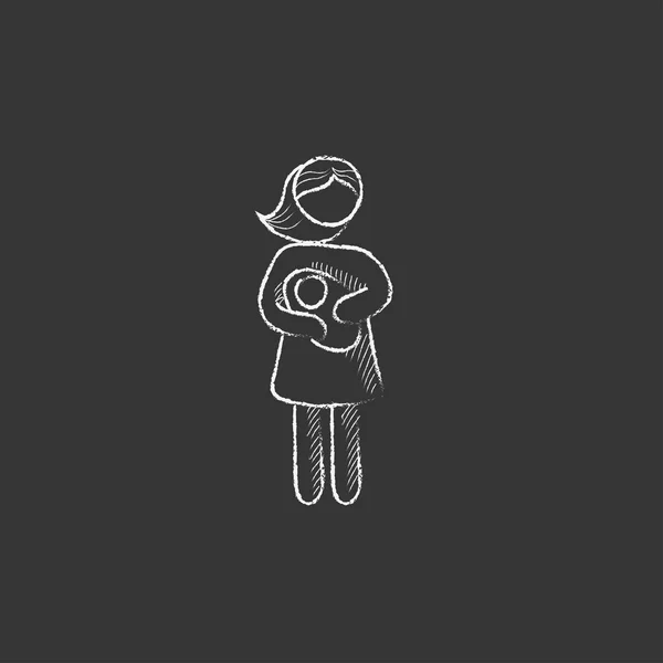 Woman holding baby. Drawn in chalk icon. — Stock Vector