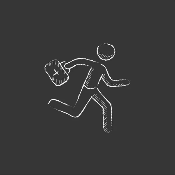 Paramédico correndo com kit de primeiros socorros. Desenhado no ícone de giz . — Vetor de Stock