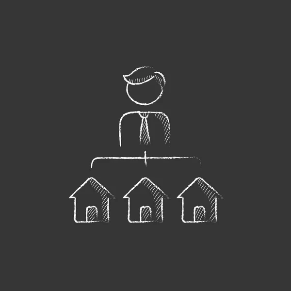 Agente immobiliare con tre case. Disegnato in icona di gesso . — Vettoriale Stock