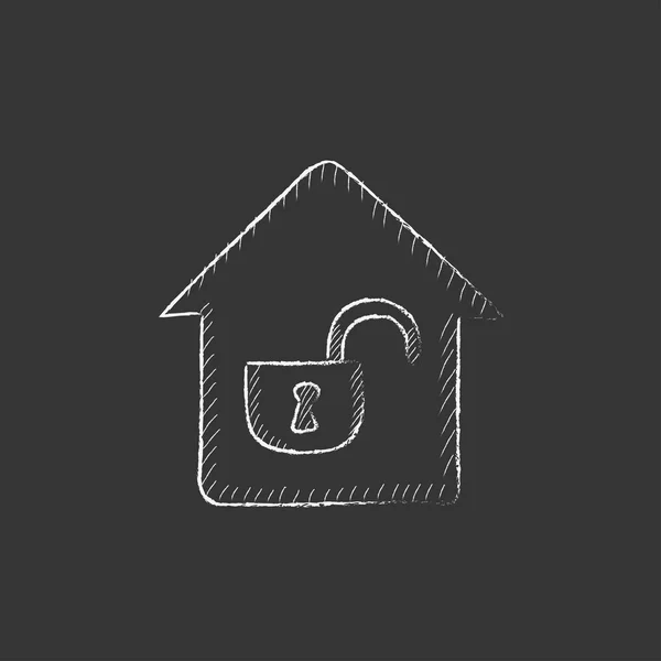 House with open lock. Drawn in chalk icon. — Stock Vector