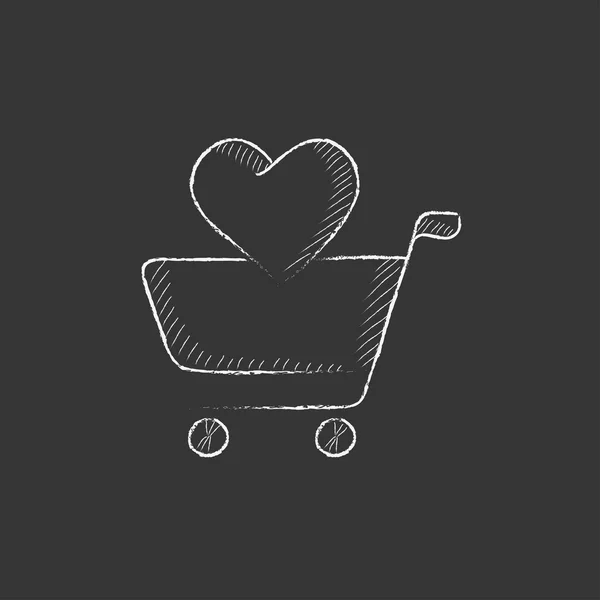 Carro de compras con corazón. Dibujado en icono de tiza . — Vector de stock