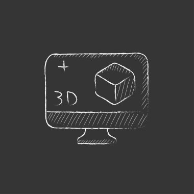3d kutulu bilgisayar monitörü. Tebeşir simgesiyle çizilmiş.