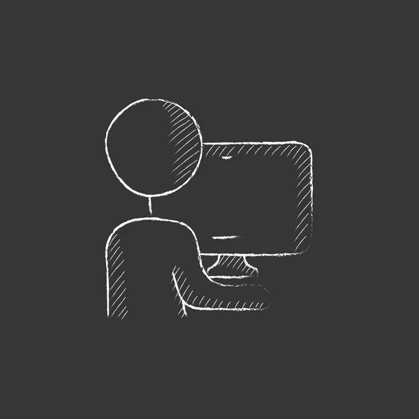 Un homme qui travaille sur son ordinateur. Icône dessinée à la craie . — Image vectorielle