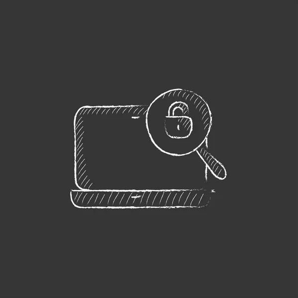 Laptop and magnifying glass. Drawn in chalk icon. — 스톡 벡터