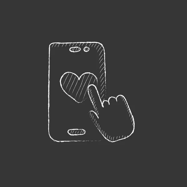 Smartphone com sinal de coração. Desenhado no ícone de giz . — Vetor de Stock
