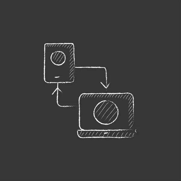 Synchronization smartphone with laptop. Drawn in chalk icon. — Stok Vektör