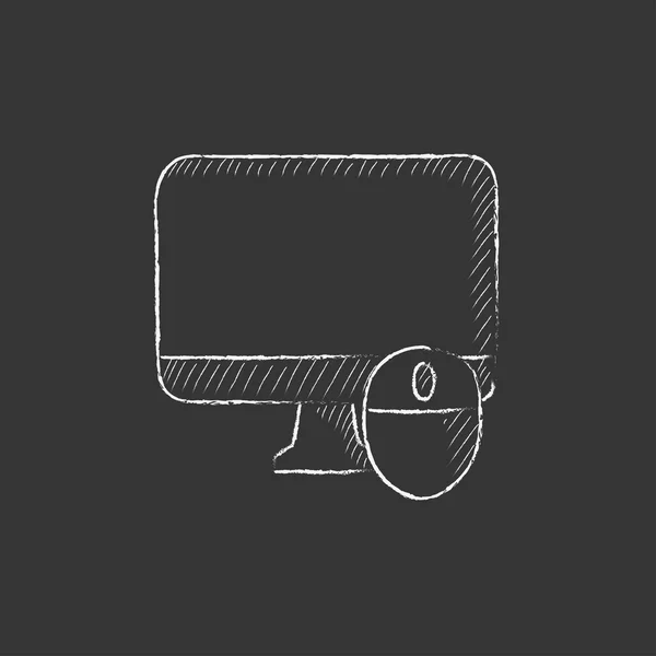 Monitor e mouse per computer. Disegnato in icona di gesso . — Vettoriale Stock