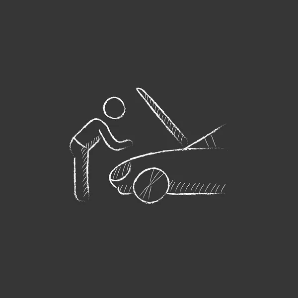 Man fixing auto. Opgesteld in krijt pictogram. — Stockvector