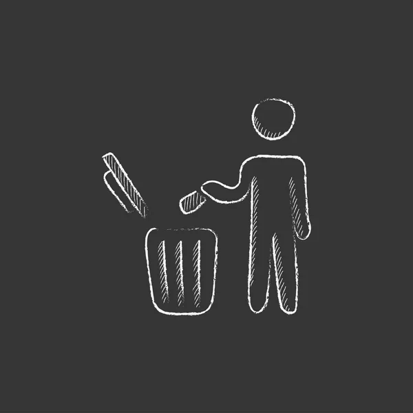 Mann wirft Müll in Mülleimer mit Kreide gezeichnet. — Stockvektor
