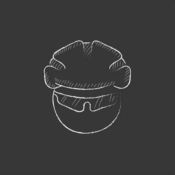 Homem de capacete de bicicleta e óculos. Desenhado no ícone de giz . —  Vetores de Stock
