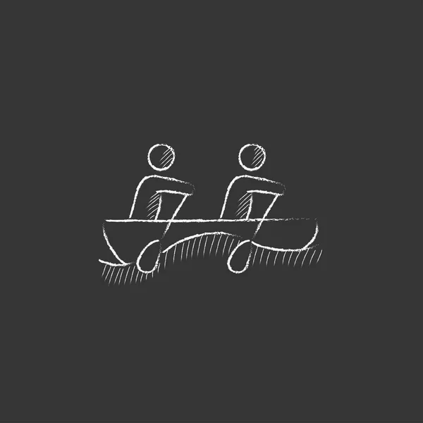 Turistas sentados en barco. Dibujado en icono de tiza . — Vector de stock