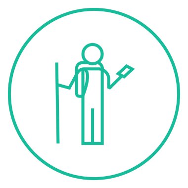 Telefon hattı simgesi ile backpacker turist.