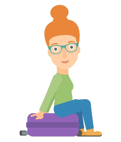 Woman sitting on his suitcase. — Stock Vector