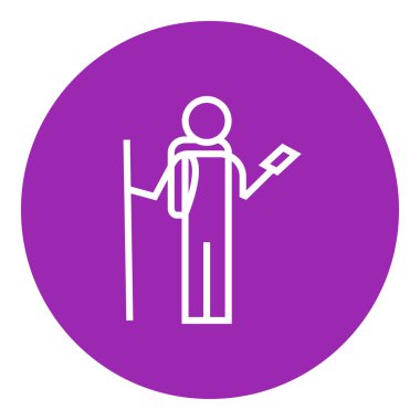 Telefon hattı simgesi ile backpacker turist.