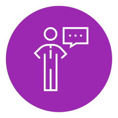 Businessman with a speech square line icon.