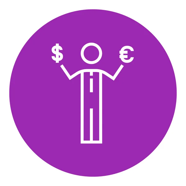 Businessman holding Euro and US dollar line icon. — Stockvector