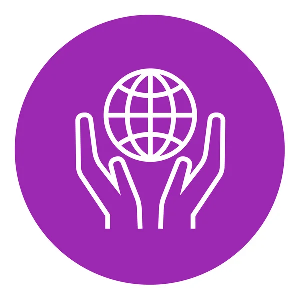 Deux mains tenant l'icône de ligne de globe . — Image vectorielle