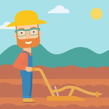 Farmer on the field with plough. clipart