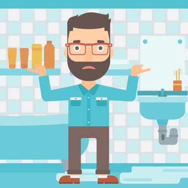 Adam umutsuzluk ayakta sızdıran lavabo yakınındaki.