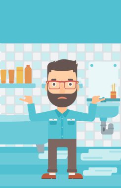 Adam umutsuzluk ayakta sızdıran lavabo yakınındaki.