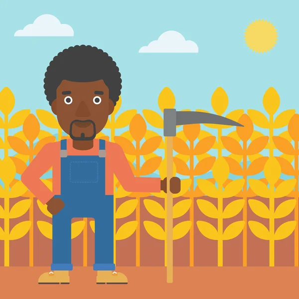 Αγρότης στο χωράφι με δρεπάνι. — Διανυσματικό Αρχείο