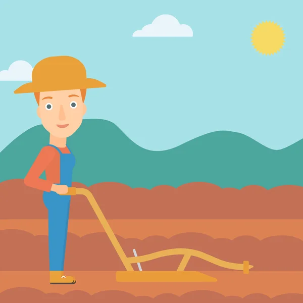 Agricultor en el campo con arado . — Vector de stock