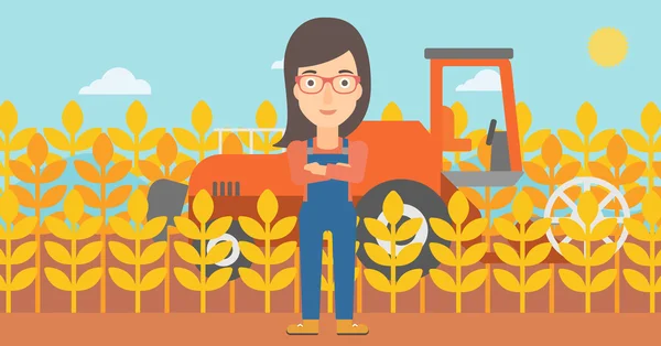 Woman standing with combine on background. — Stock Vector