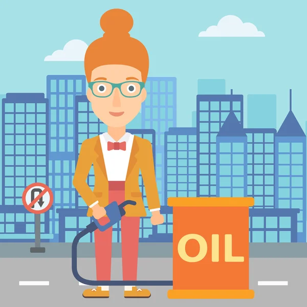 Woman with oil can and filling nozzle. — Stock Vector