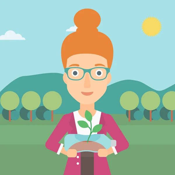 Γυναίκα με καλλιέργεια σε μπουκάλι φυτών. — Διανυσματικό Αρχείο