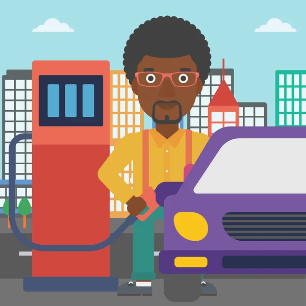 El hombre llenando combustible en el coche . — Vector de stock