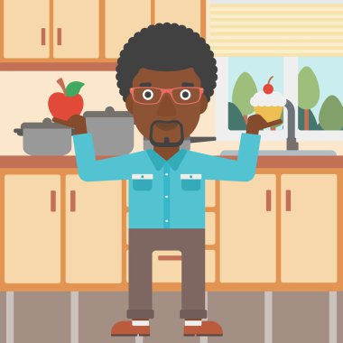 Man with apple and cake.