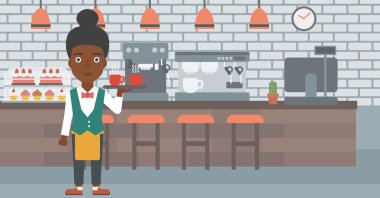 Waiteress holding tray with beverages.