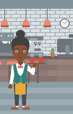 Waiteress holding tray with beverages.