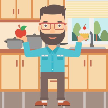 Man with apple and cake.