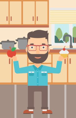 Man with apple and cake.