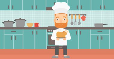 Man holding roasted chicken.