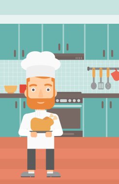 Man holding roasted chicken.