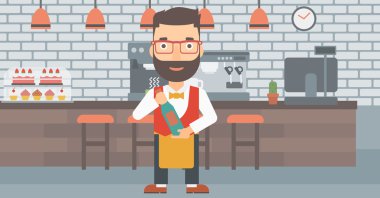 Garson holding şişe şarap.