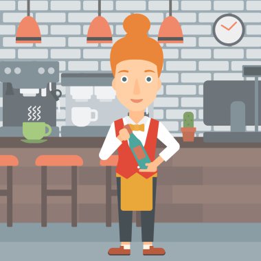 Garson holding şişe şarap.