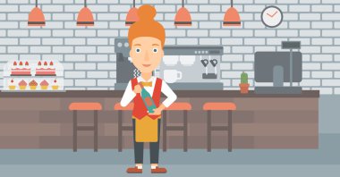 Garson holding şişe şarap.