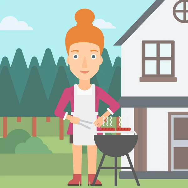 Vrouw voorbereiden barbecue. — Stockvector