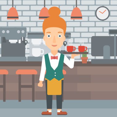 Waiteress holding tray with beverages.