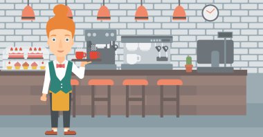 Waiteress holding tray with beverages.