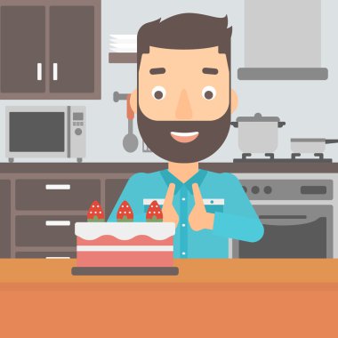 Man looking at cake.