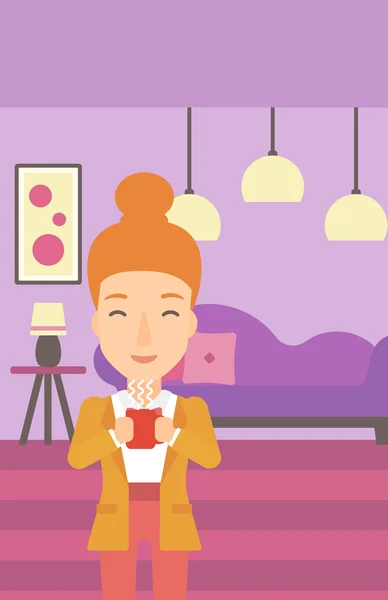 Mujer sentada con taza de café . — Vector de stock